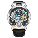 Stuhrling 906 02 Menai Automatic Skeleton Dual Time Black Leather Mens Watch
