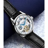 Stuhrling 943A 01 Dual Time AM PM Automatic Skeleton Black Leather Mens Watch