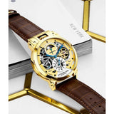 Stuhrling 906 03 Menai Automatic Skeleton Dual Time Brown Leather Mens Watch