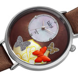 Burgi BUR158BR Genuine Diamond Accented Butterfly MOP Dial Leather Strap Women's Watch