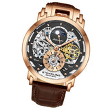 Stuhrling 906 04 Menai Automatic Skeleton Dual Time Brown Leather Mens Watch