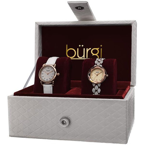 Burgi BUR133RG Genuine Crystals Leather Strap Bracelet Rosetone Womens Watch Set
