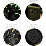 Stuhrling 3916 3 Aviator Day Date Green Leather Strap Mens Watch