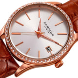 Akribos XXIV AK883BR Analog Quartz Swarovski Crystal Date Leather Womens Watch