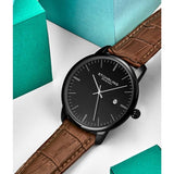 Stuhrling 3997 5 Quartz Date Brown Embossed Leather Strap Mens Watch