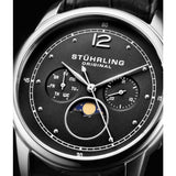 Stuhrling Original 898 02 Celestia Moon Phase Day Date Black Leather Strap Watch