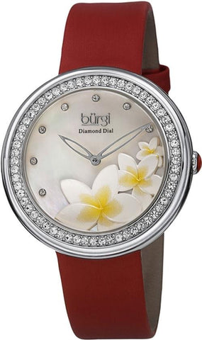 Burgi BUR116RD Crystal Bezel Diamond Markers MOP Flower Dial Red Womens Watch