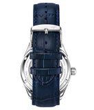 Stuhrling 943A 02 Dual Time AM PM Automatic Skeleton Blue Leather Mens Watch