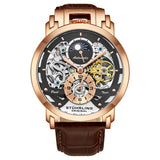 Stuhrling 906 04 Menai Automatic Skeleton Dual Time Brown Leather Mens Watch