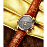 Stuhrling Original 898 04 Celestia Moon Phase Day Date Brown Leather Strap Watch