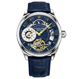 Stuhrling 943A 02 Dual Time AM PM Automatic Skeleton Blue Leather Mens Watch