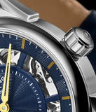 Stuhrling 943A 02 Dual Time AM PM Automatic Skeleton Blue Leather Mens Watch