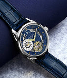 Stuhrling 943A 02 Dual Time AM PM Automatic Skeleton Blue Leather Mens Watch