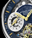 Stuhrling 943A 02 Dual Time AM PM Automatic Skeleton Blue Leather Mens Watch