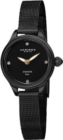 Akribos XXIV AK873BK Diamond Markers Goldtone Accent Mesh Band Womens Watch