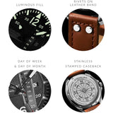 Stuhrling 3916 2 Aviator Day Date Brown Leather Strap Mens Watch