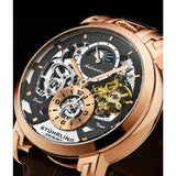 Stuhrling 906 04 Menai Automatic Skeleton Dual Time Brown Leather Mens Watch