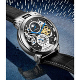 Stuhrling 906 02 Menai Automatic Skeleton Dual Time Black Leather Mens Watch
