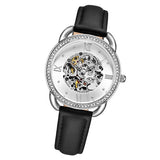 Stuhrling 3991 1 Automatic Skeleton Crystal Accented Black Leather Strap Womens Watch