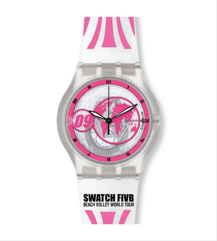Swatch SUMK105 Earth LIne Pink and White Silicone Womens Watch