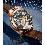 Stuhrling 906 04 Menai Automatic Skeleton Dual Time Brown Leather Mens Watch