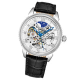 Stuhrling 3983 1 Automatic Skeleton Moon Dial Black Leather Strap Mens Watch