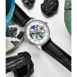 Stuhrling 3983 1 Automatic Skeleton Moon Dial Black Leather Strap Mens Watch
