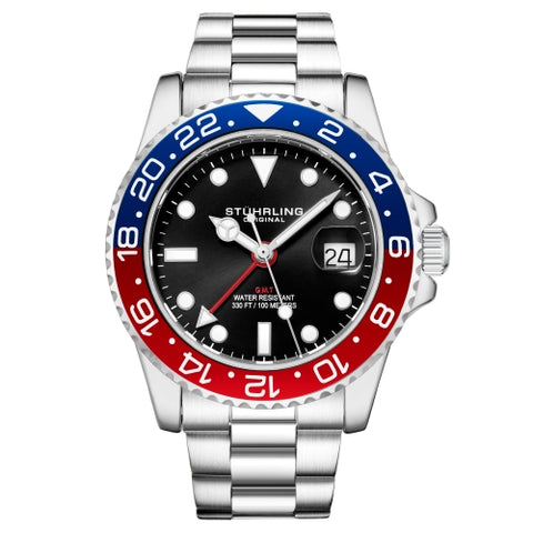 Stuhrling 3965 2 Aquadiver  Quartz GMT Date Stainless Steel Bracelet Mens Watch