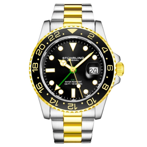 Stuhrling 3965 3 Aquadiver  Quartz GMT Date Stainless Steel Bracelet Mens Watch