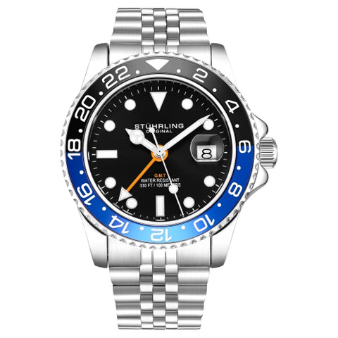 Stuhrling 3968 1 Aquadiver  Quartz GMT Date Stainless Steel Mens Watch