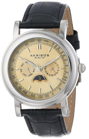 Akribos XXIV AK632SSW Tachymeter Day Date Moon Phase Black Strap Mens Watch