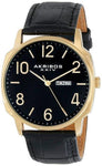Akribos XXIV AK801YG Day Date Goldtone Case Leather Strap Black Mens Watch