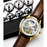 Stuhrling 3921 3  Legacy Automatic Skeleton Dual Time Brown Leather Mens Watch