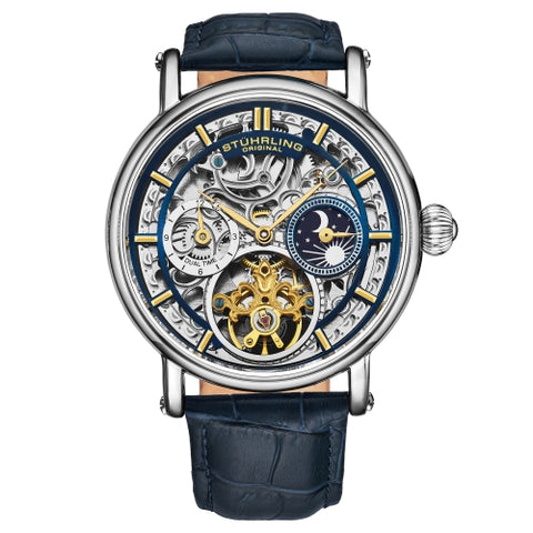 Stuhrling 4000 3 Legacy Automatic Dual Time Skeleton AM/PM Leather Mens Watch