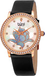 Burgi Women's Rose-Tone Case with Genuine Diamond Accented Butterfly Design Mother-of-Pearl Dial on White Leather Strap Watch BUR159BKR