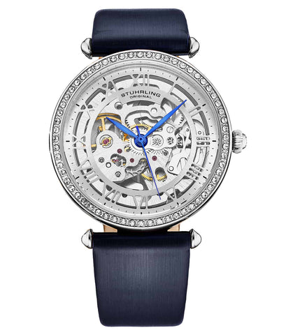 Stuhrling 4022 2 Luxe Automatic Skeleton Crystal Accented Blue Leather Strap Womens Watch