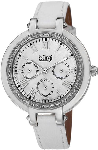 Burgi BUR085SSW GMT Day Date Crystal Bezel White Strap Silvertone Womens Watch