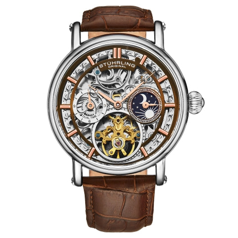 Stuhrling 4000 4 Legacy Automatic Dual Time Skeleton AM/PM Leather Mens Watch