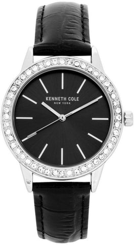 Kenneth Cole 10031482 Crystal Accented Black Leather Strap Quartz Womens Watch