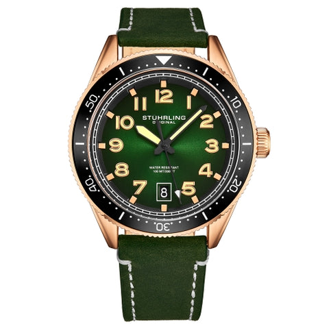 Stuhrling 3989 5 Monaco Quartz Date Green Leather Strap Mens Watch