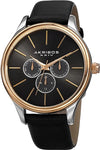 Akribos XXIV AK870YGB Day Date GMT Leather Strap Goldtone Black Mens Watch