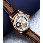 Stuhrling 943A 03 Dual Time AM PM Automatic Skeleton Brown Leather Mens Watch