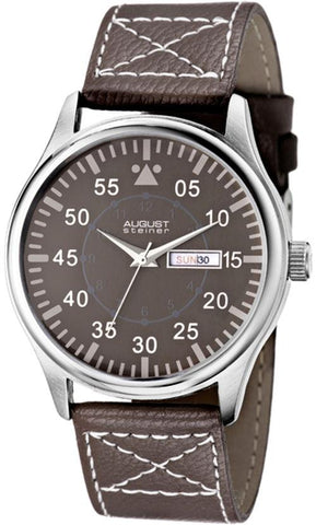 August Steiner AS8074BR Day Date Quartz Brown Leather Strap Mens Watch