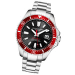 Stuhrling 3950A 4 Aquadiver Date Stainless Steel Red Bezel Black Dial Mens Watch