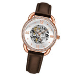 Stuhrling 3991 5 Automatic Skeleton Crystal Accented Brown Leather Strap Womens Watch
