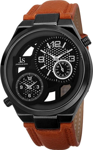 Joshua & Sons JS83TN Swiss Quartz Dual Time Tan Leather Strap Black Mens Watch