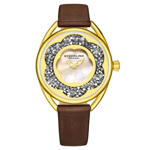 Stuhrling 995 04 Lily Mother of Pearl Crystal Accented Flower Brown Womens Watch