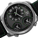Joshua & Sons JS88GN Triple Time Zone Leather Strap Green Accented Mens Watch