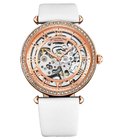 Stuhrling 4022 3 Luxe Automatic Skeleton Crystal Accented White Leather Strap Womens Watch