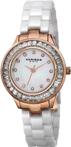 Akribos XXIV AK781WTR Crystal Markers MOP Dial  Baguette Bezel Womens Watch